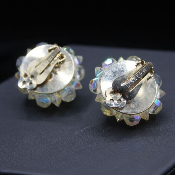 Vintage Lisner Crystal Clip-on Earrings Aurora Borealis Beaded Cluster Signed - Picture 6 of 8